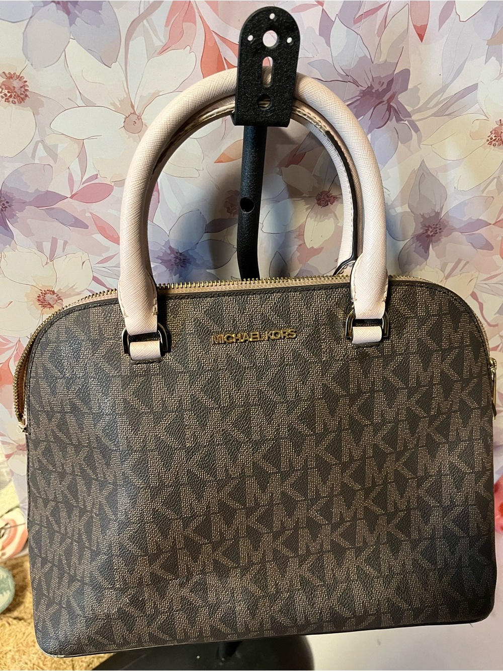 Michael Kors Brown MK Logo Dome Satchel with Cream Handles